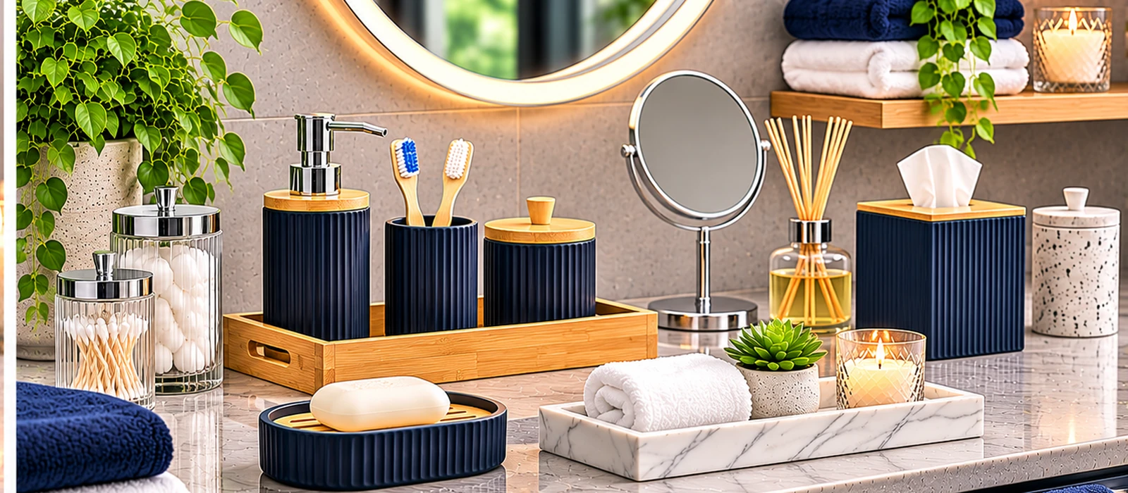 Bathroom accessories arranged on a countertop with a bamboo tray, navy soap dispenser, toothbrush holder, towels and decorative accents