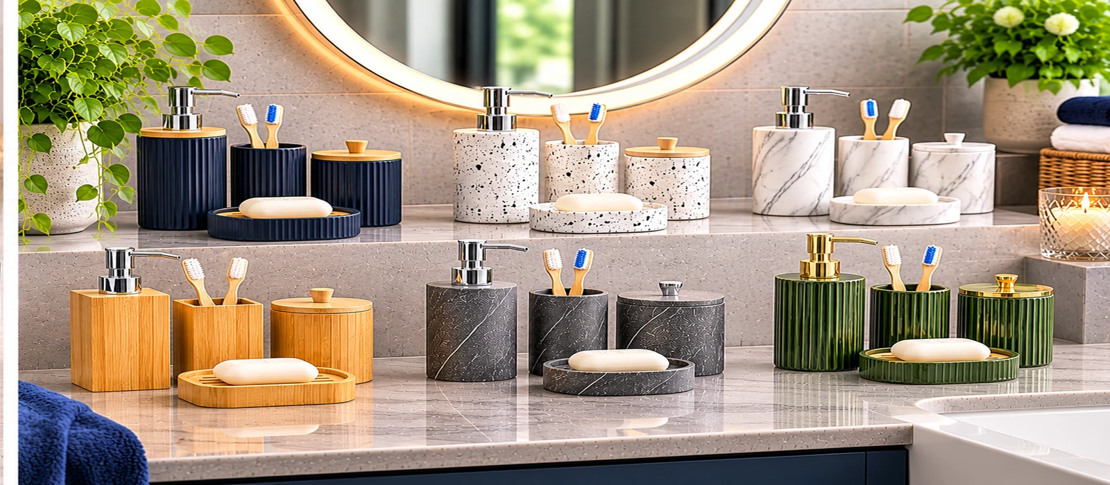Matching bathroom accessory sets in navy, terrazzo, marble-effect, bamboo, grey and green finishes displayed on a bathroom countertop
