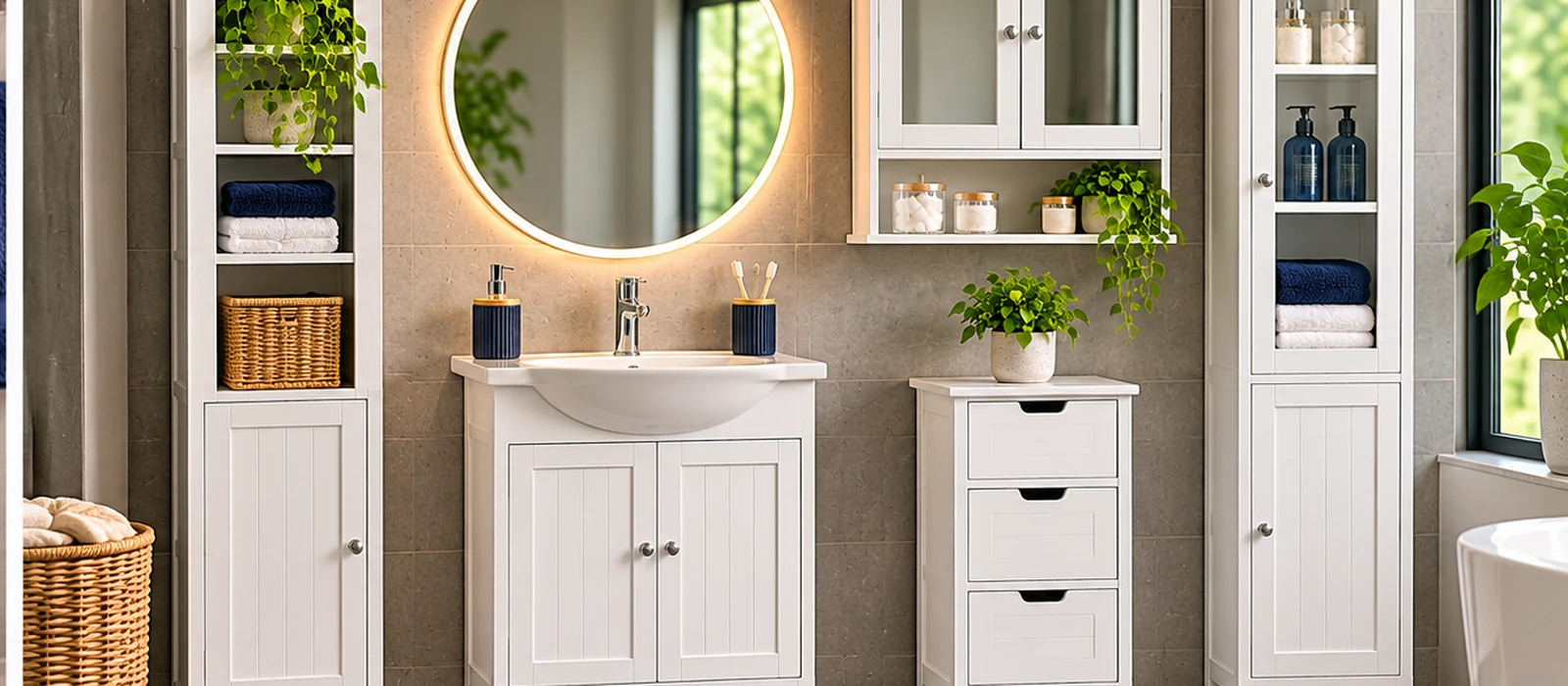 White bathroom storage cabinets including tall cabinets, vanity storage and wall cabinets in a modern bathroom