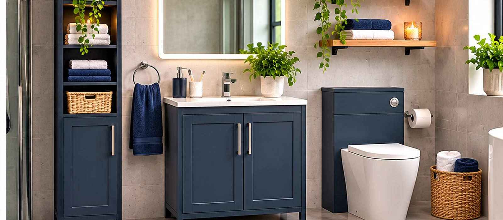 Range of ceramic, marble-effect, navy and bamboo toothbrush holders arranged on a modern bathroom countertop