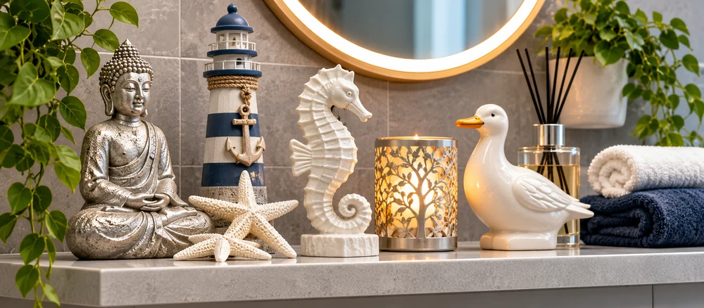 Bathroom ornaments including a lighthouse, seahorse, bird figurine and decorative candle holder
