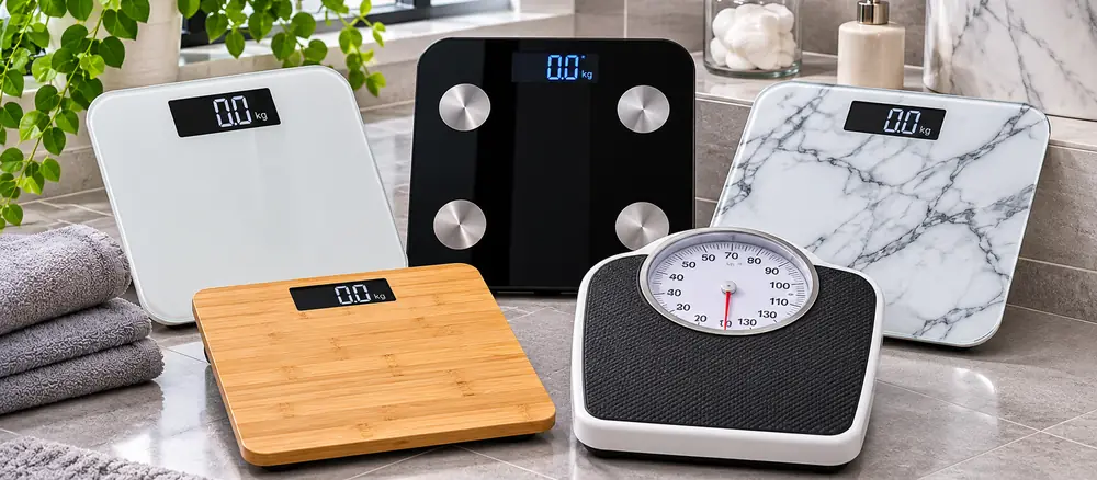 Bathroom scales displayed in a bright contemporary bathroom