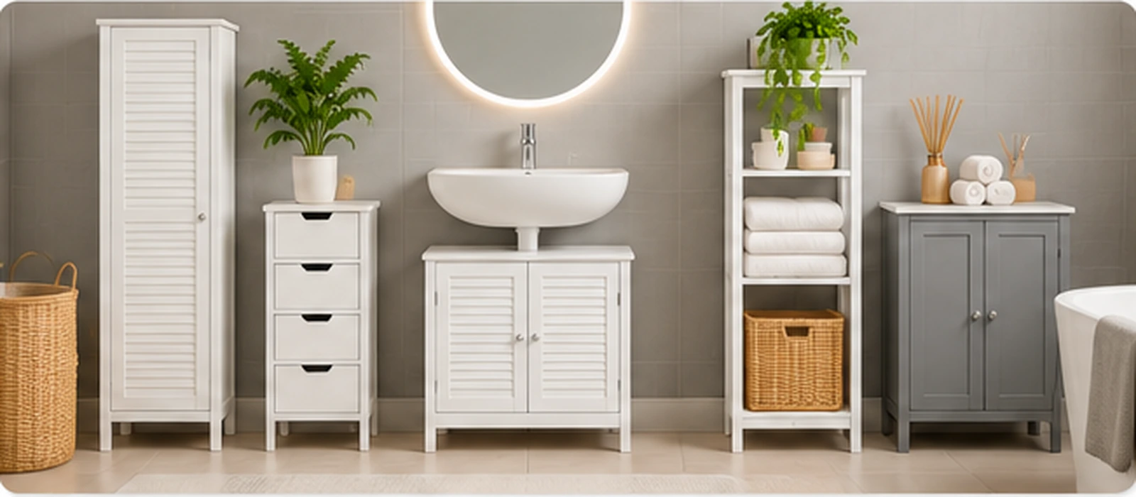 Bathroom storage units including tall cabinets, shelving, under-sink storage and grey cupboards