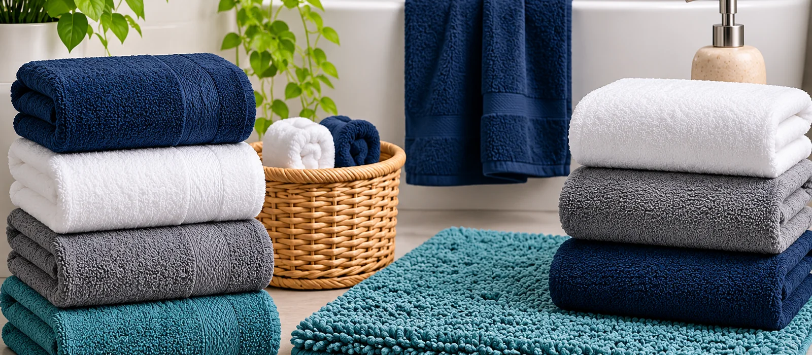 Bathroom textiles including folded towels, a textured bath mat and hanging towels