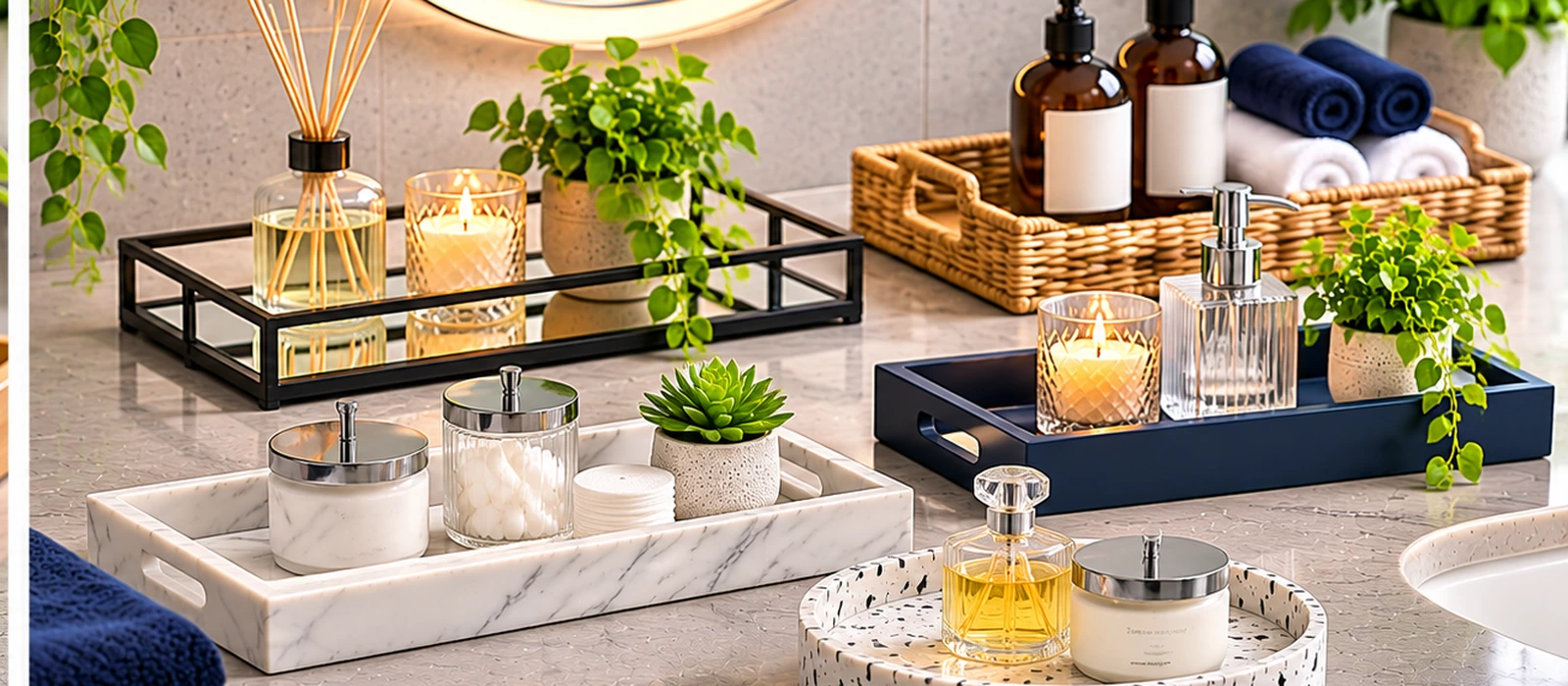 Decorative bathroom trays in bamboo, marble-effect, black metal and terrazzo holding toiletries and accessories