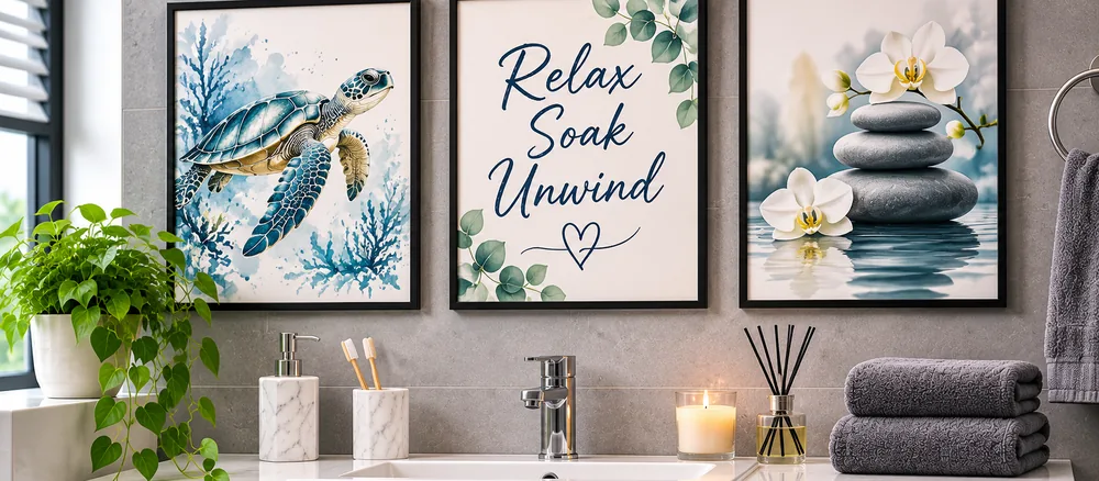 Framed bathroom wall art displayed above a modern bathroom basin