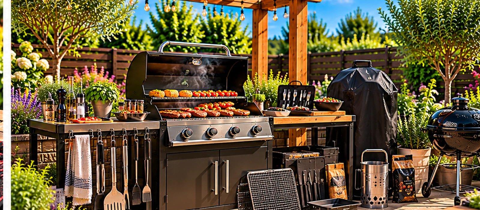 Barbecue accessories arranged beside a gas BBQ and outdoor cooking station in a garden
