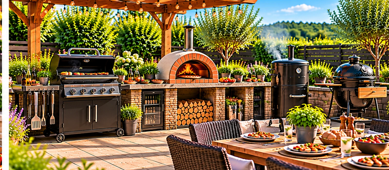 Outdoor cooking area with a gas BBQ, pizza oven, smoker and kamado grill beneath a pergola