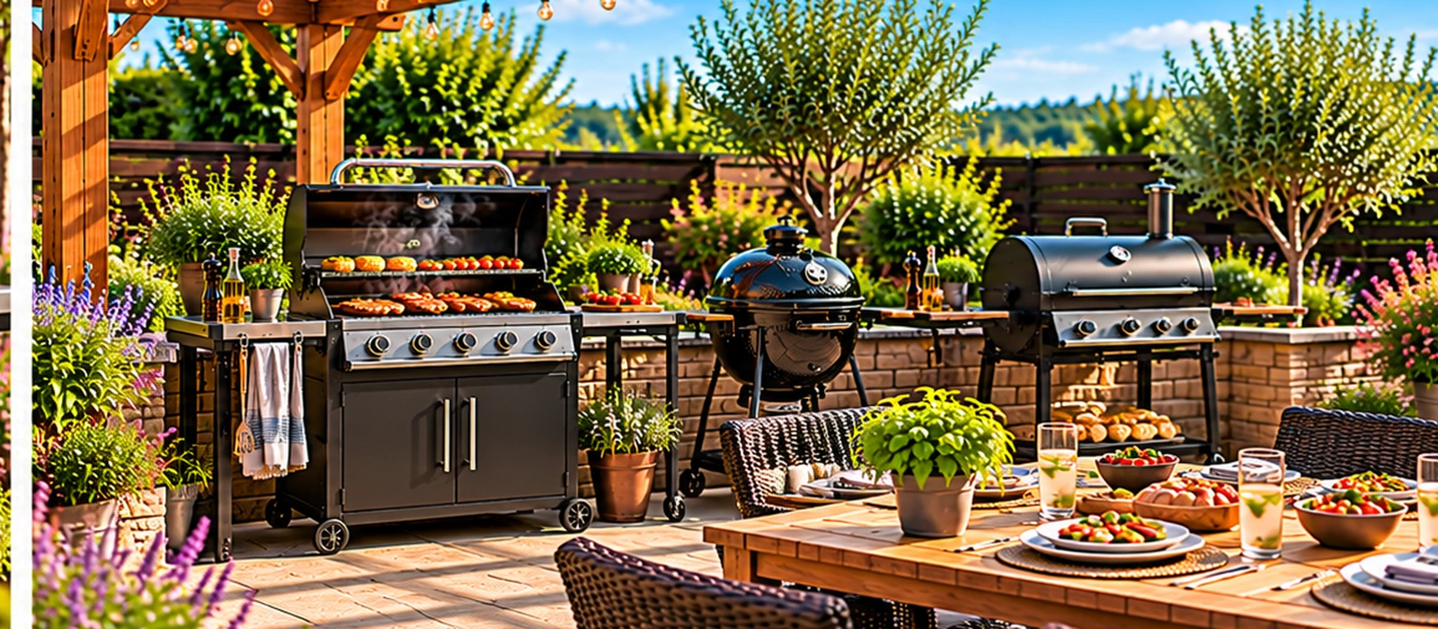 Outdoor BBQ grills arranged on a garden patio beneath a pergola beside an outdoor dining table