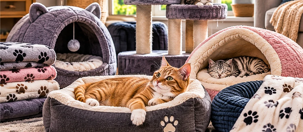 Cats relaxing in plush beds beside soft blankets in a cosy home
