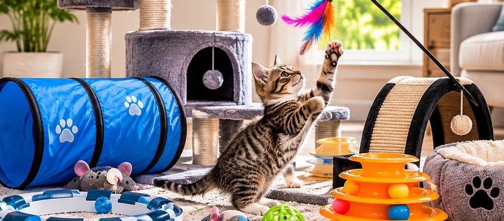 Tabby kitten playing among a cat tunnel, feather wand, track toy and cat tree