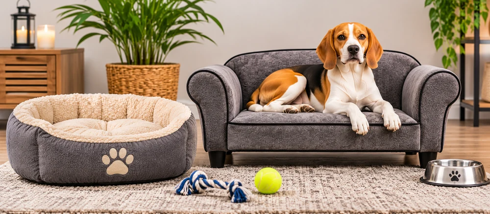Beagle relaxing on a grey dog sofa beside a plush dog bed