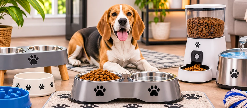 Golden retriever with dog food bowls, an automatic feeder and a water fountain