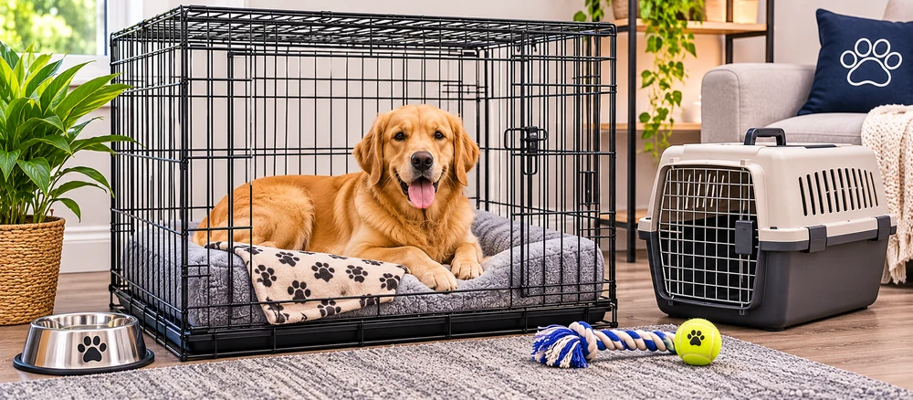 Golden retriever resting in a wire dog crate beside a pet carrier