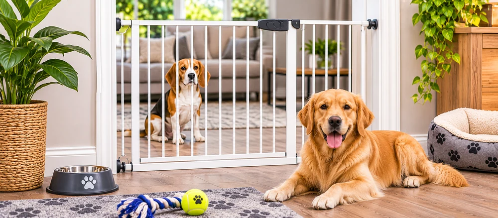 White metal dog gate across a doorway in a bright home