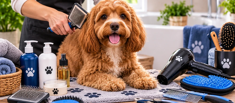 Apricot Cavapoo being brushed with dog grooming products nearby