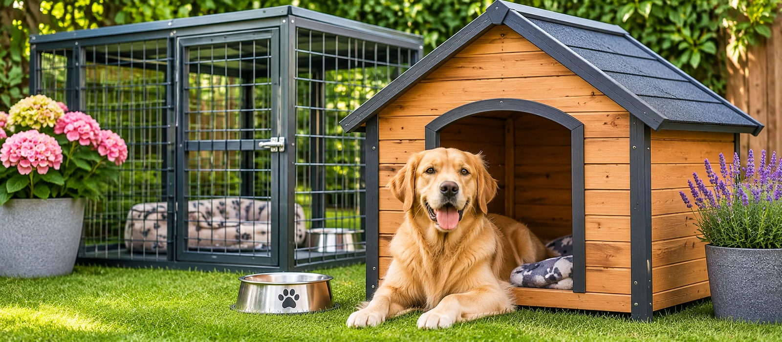 Wooden dog house and covered outdoor kennel in a garden