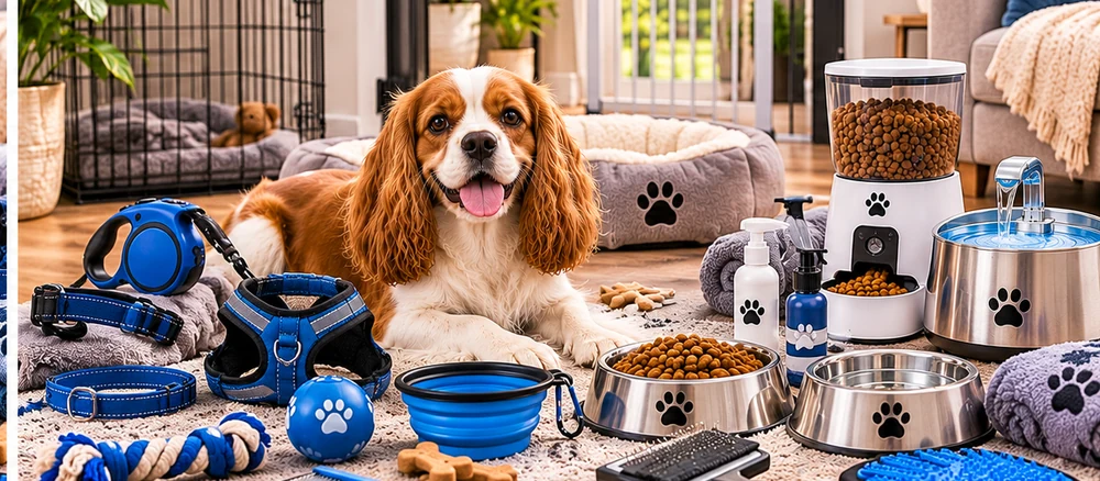 Jack Russell Terrier with dog beds, feeding bowls, grooming products and walking accessories