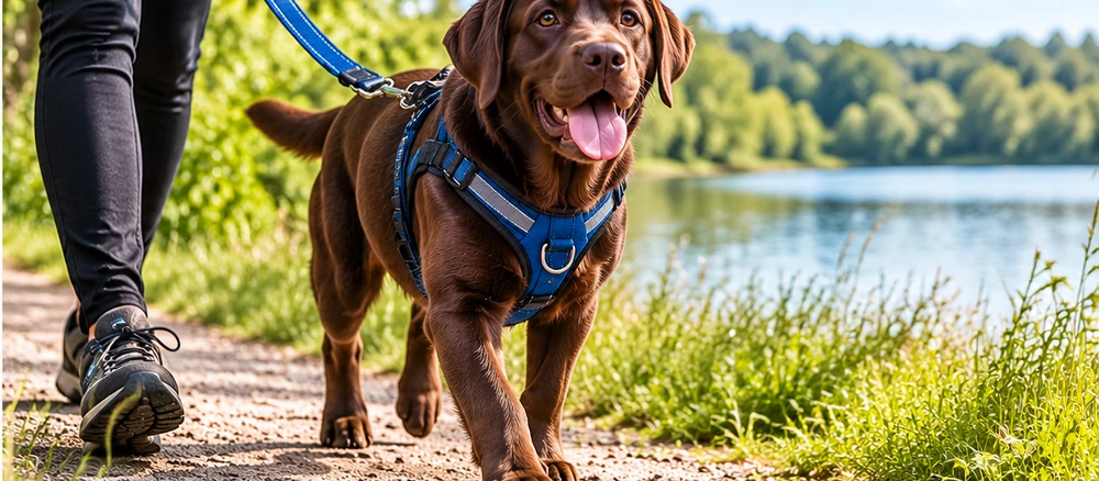 Black and tan Cocker Spaniel wearing a harness beside dog walking accessories
