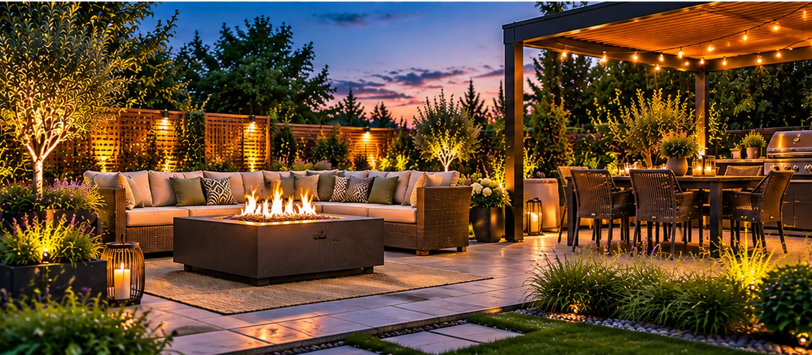 Outdoor fire pit table in a modern garden seating area at dusk