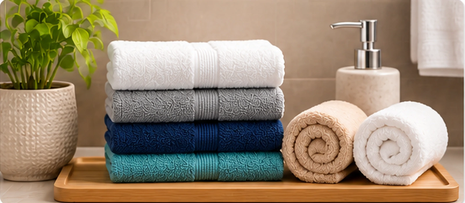Folded and rolled flannels and face cloths in white, grey, navy and beige on a bathroom countertop