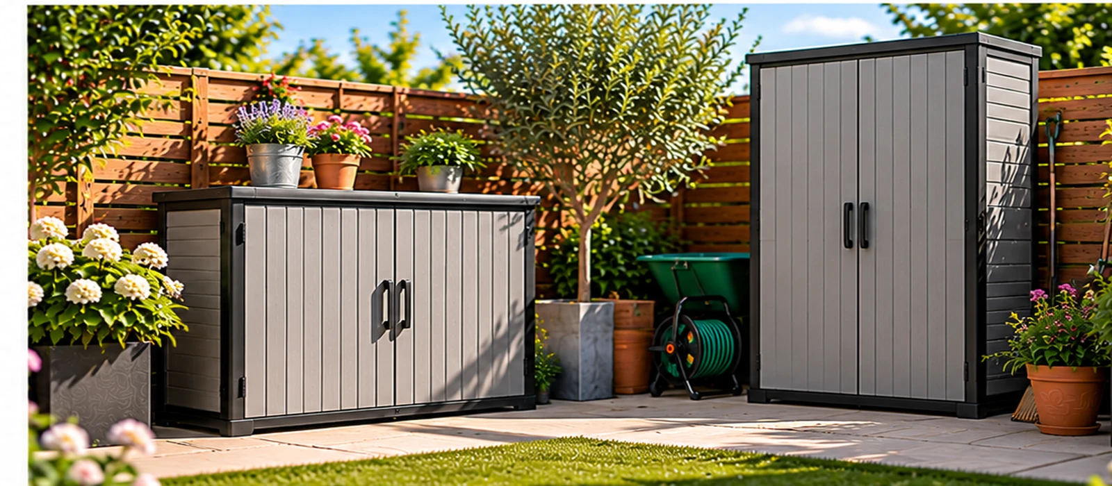 Modern outdoor garden storage cabinets arranged beside a wooden fence and landscaped patio