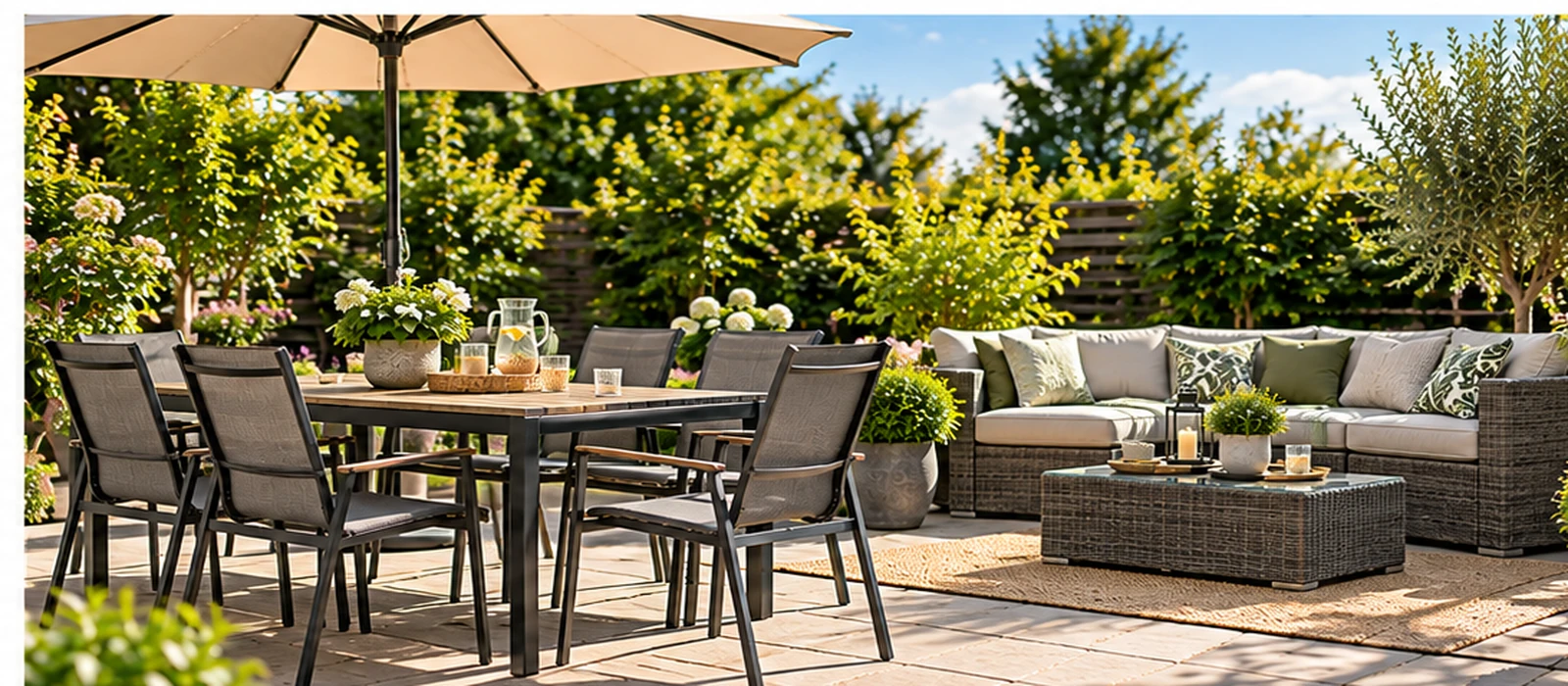 Garden furniture dining set and outdoor sofa seating arranged on a sunny patio