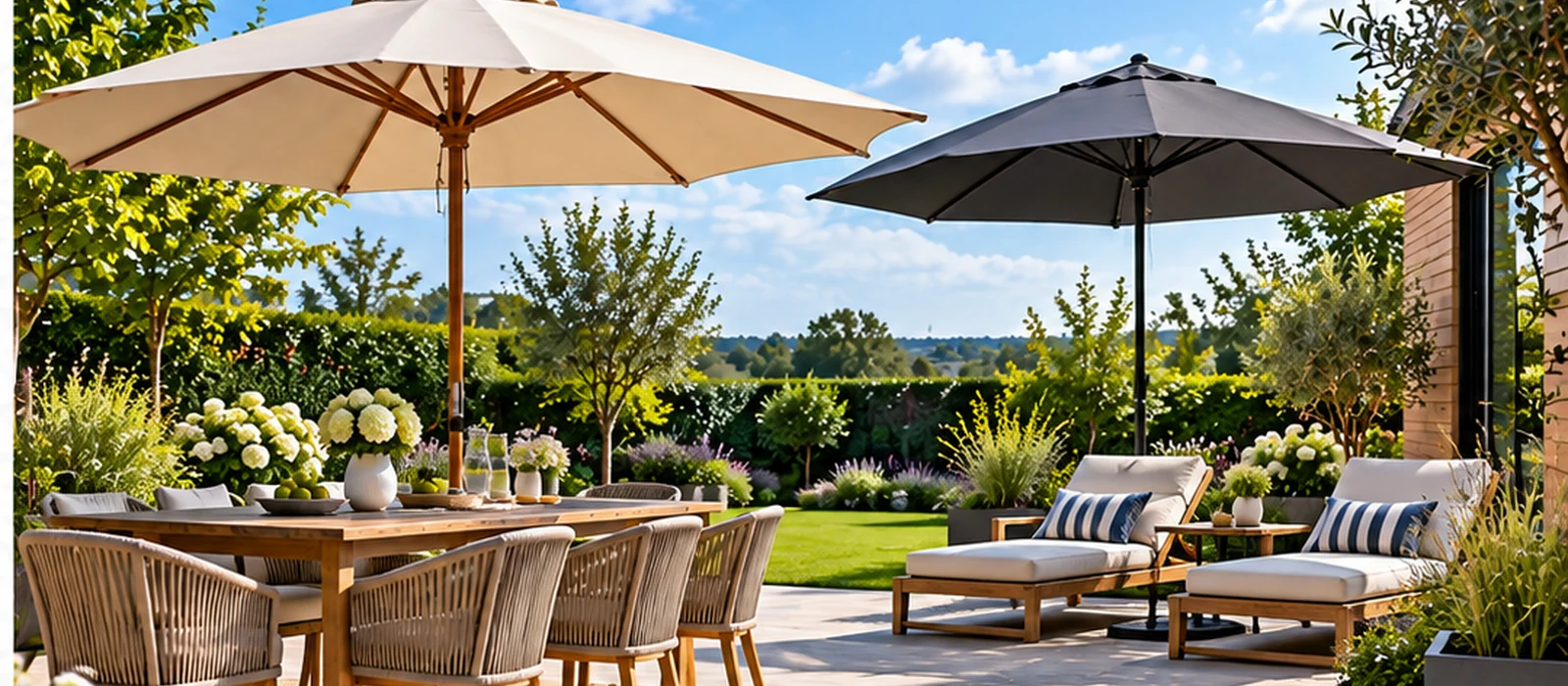 A landscaped outdoor patio with beige and charcoal parasols over dining and lounge furniture, creating a welcoming garden setting.