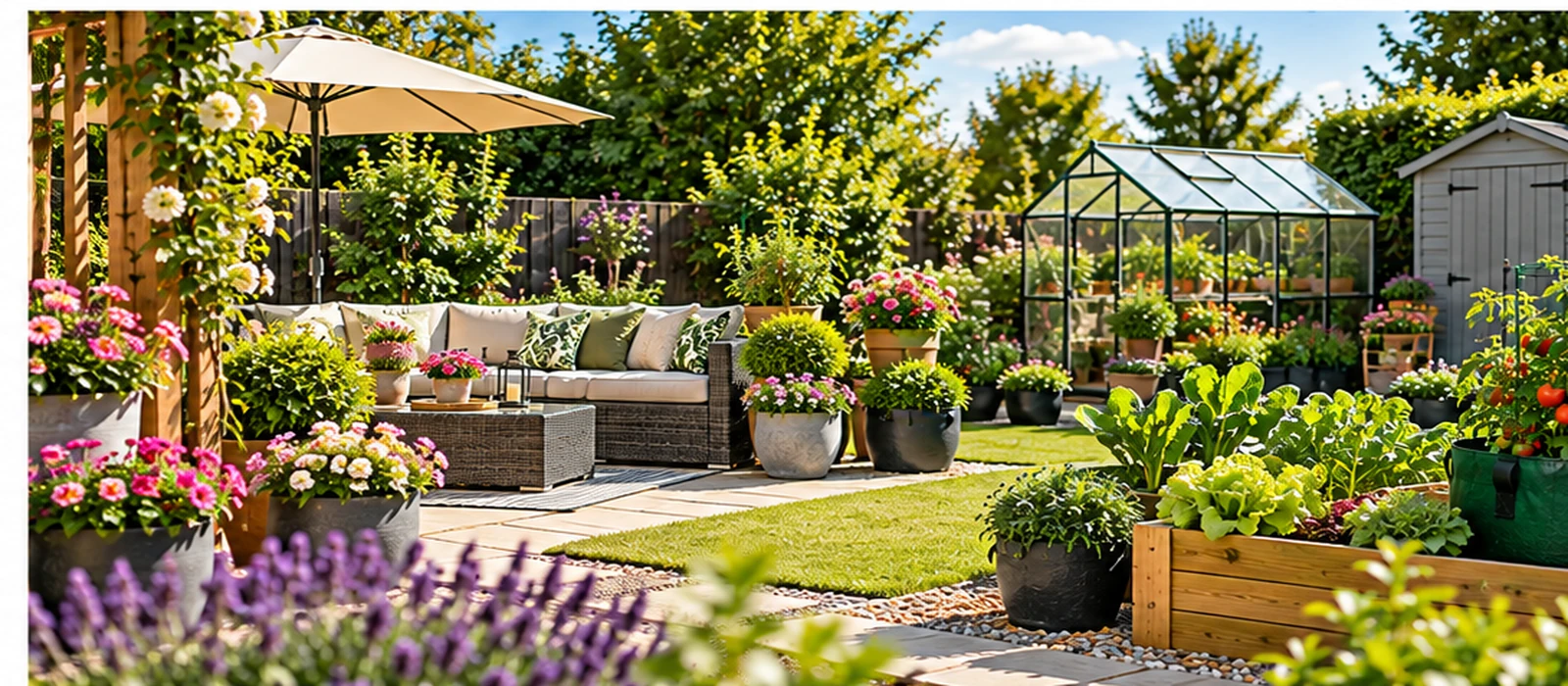 Well-maintained garden with flowering planters, greenhouse, raised vegetable beds and patio seating