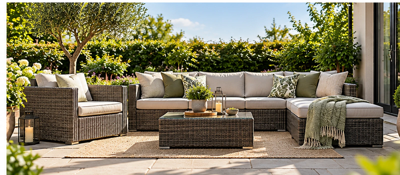 Spacious outdoor garden sofa set with cushioned seating and coffee table on a patio