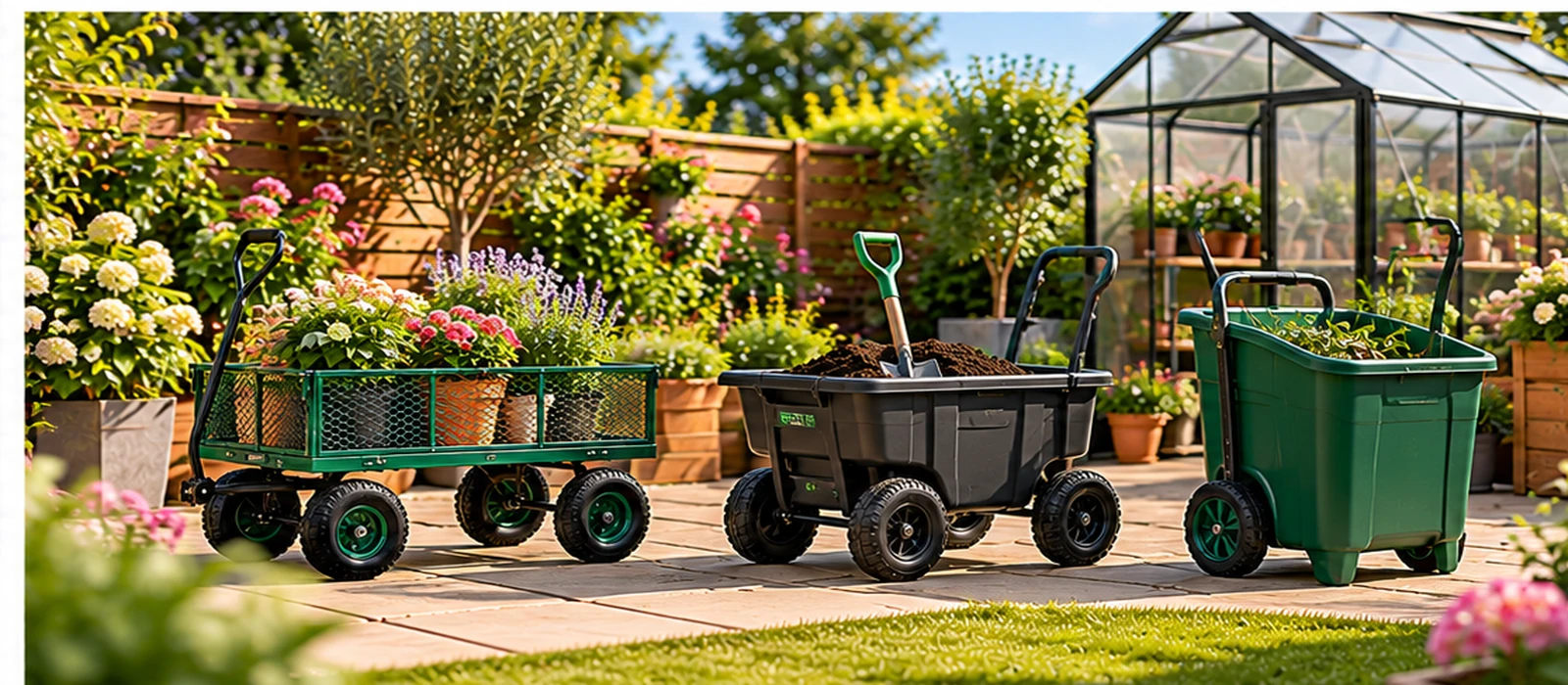 Garden utility trolleys and carts arranged on a patio beside a greenhouse and flower beds