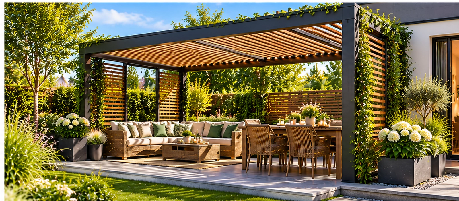 Garden gazebo with curtains and rattan seating in a landscaped garden