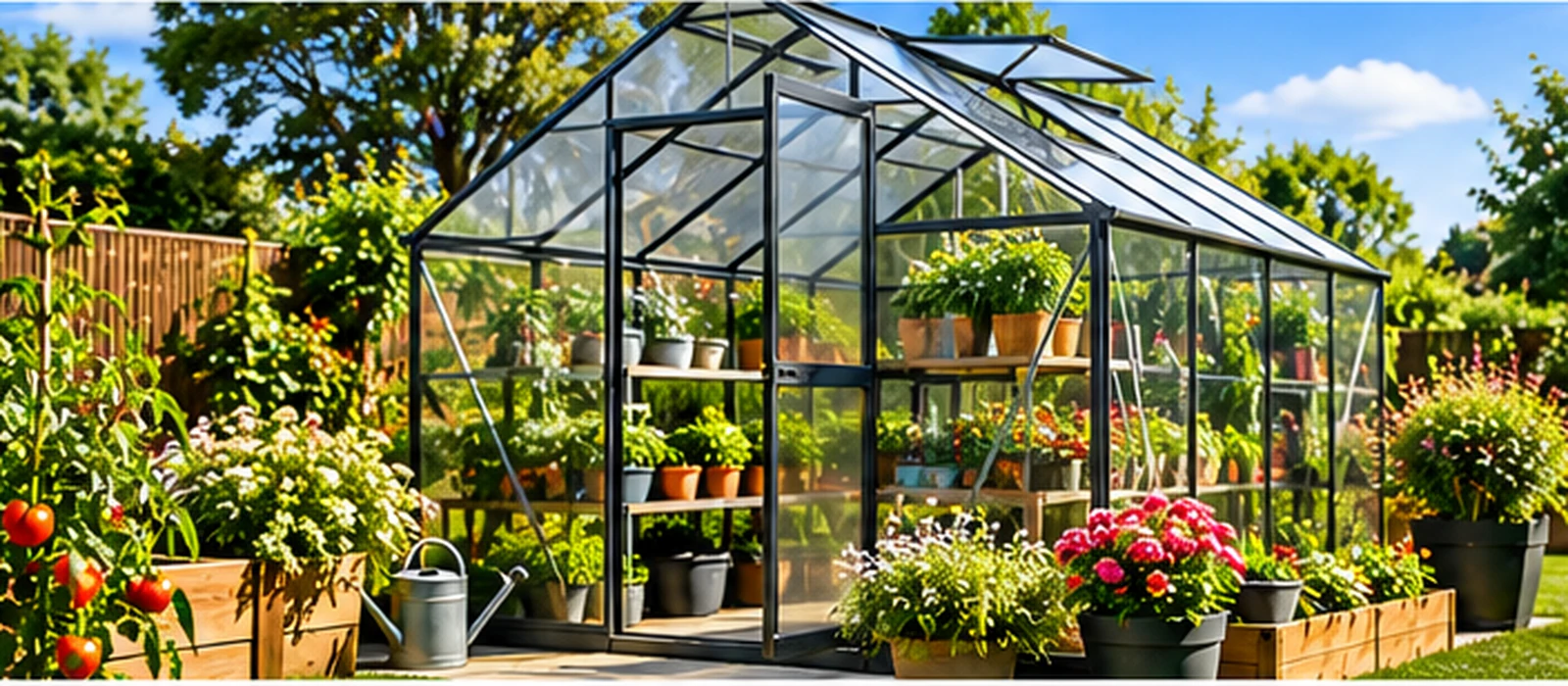 Greenhouse in a sunny garden with vegetable planters and raised beds
