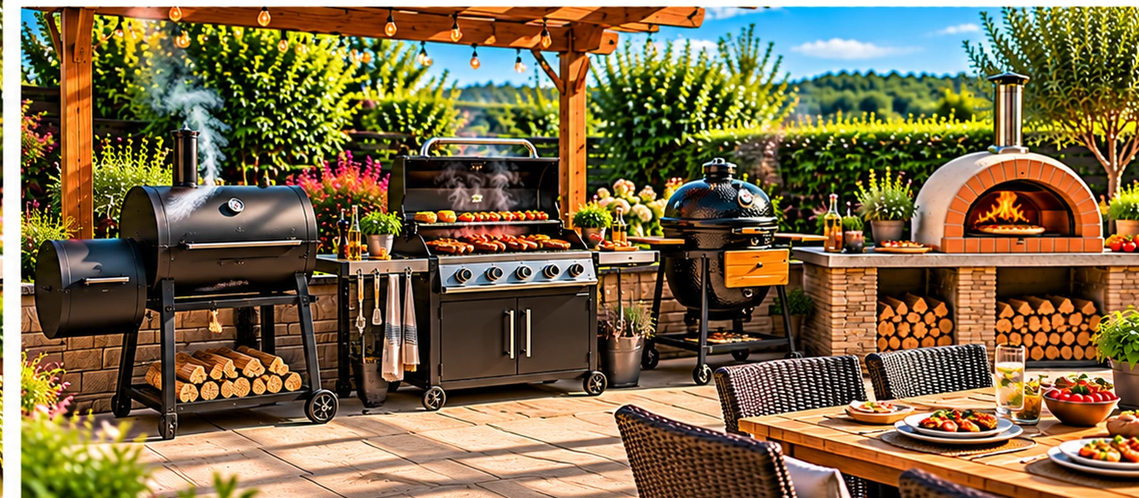 Outdoor cooking area featuring a barbecue grill, offset smoker, kamado grill and pizza oven beneath a pergola