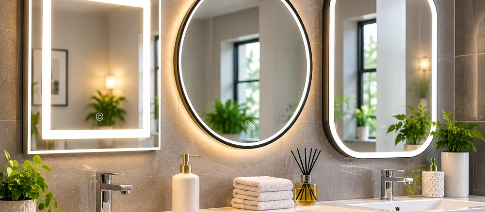 Round and rectangular illuminated LED mirrors in a modern bathroom
