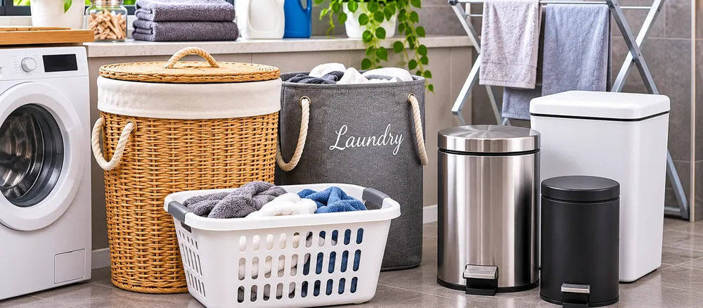 Laundry hampers, washing basket and household waste bins in a bright utility room
