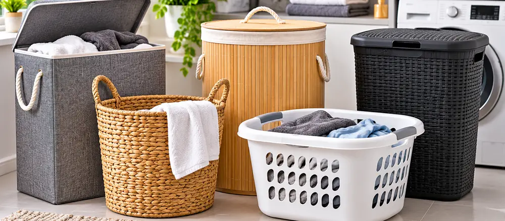 Collection of woven, fabric and plastic laundry baskets beside a washing machine