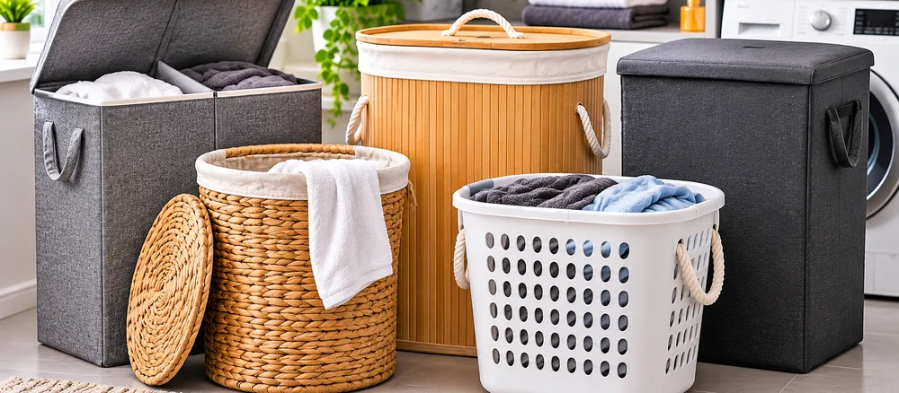 Laundry hampers in a modern laundry room with towels and washing machine