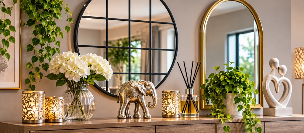 Stylish wall mirrors and decorative home accessories displayed in a contemporary interior