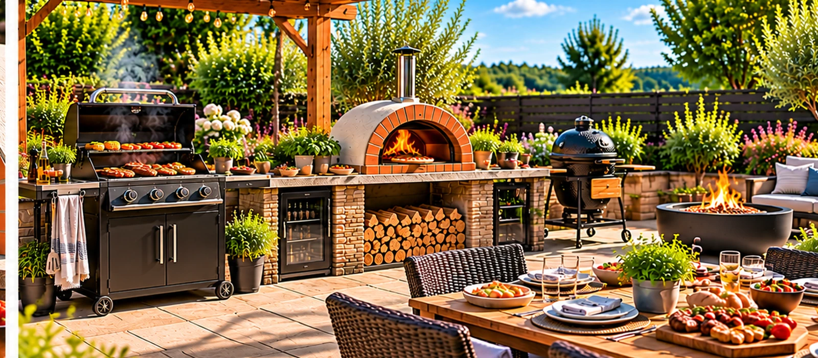 Outdoor kitchen with a BBQ, pizza oven, kamado grill and dining area beneath a pergola