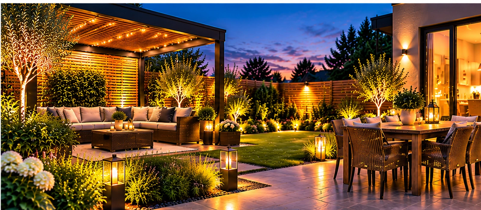 Warm outdoor lighting across a modern garden patio and pergola at twilight