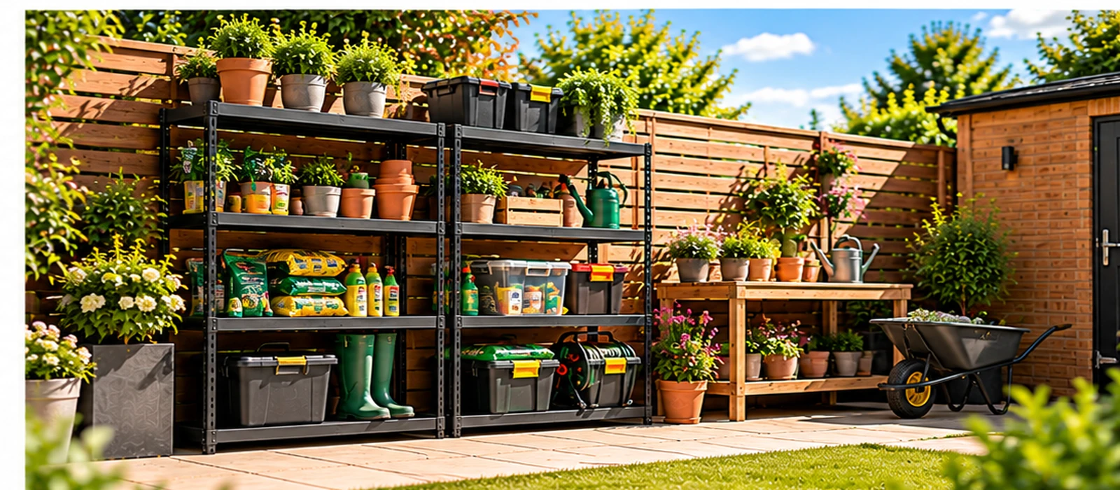 Outdoor shelving units with plants, pots and gardening supplies beside a garden shed