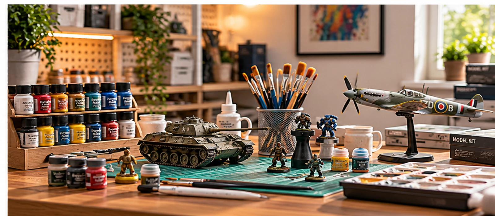 Paintbrushes, colourful acrylic paints and miniature model painting supplies on a hobby workbench