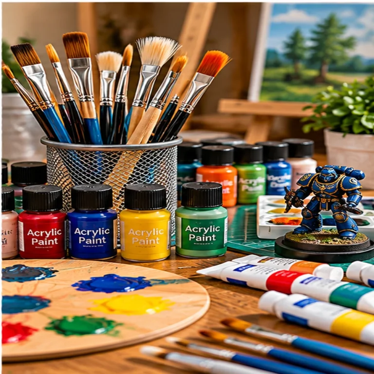 Model-making workbench with paintbrushes, hobby paints, a model tank and scale model aircraft
