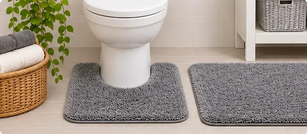 Grey pedestal mat around a toilet base in a modern bathroom