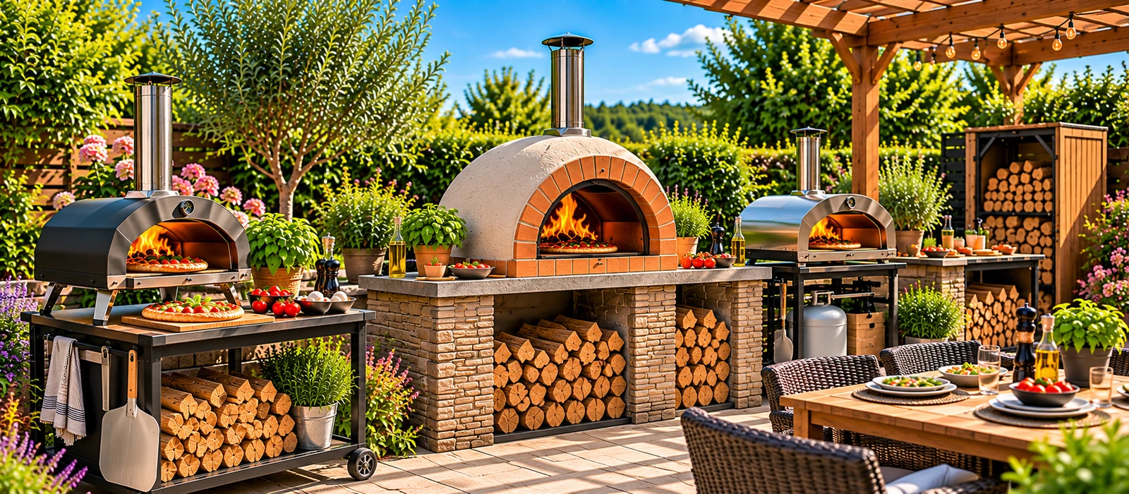 Three outdoor pizza ovens in a landscaped garden kitchen beneath a wooden pergola