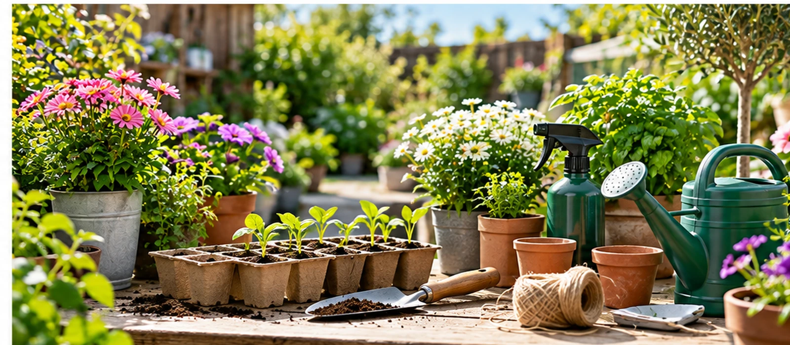 Garden plant care supplies with seedlings, watering can, pots and hand tools