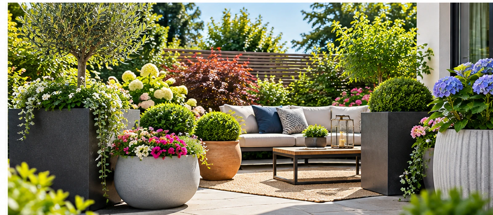 Outdoor planters and pots in a stylish garden patio with flowers and seating