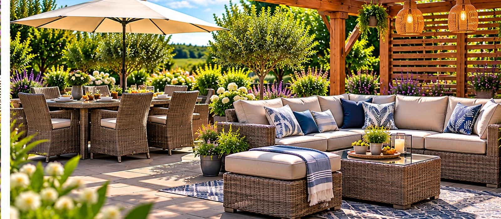 Rattan garden sofa set and dining furniture arranged beneath a timber pergola on a landscaped patio