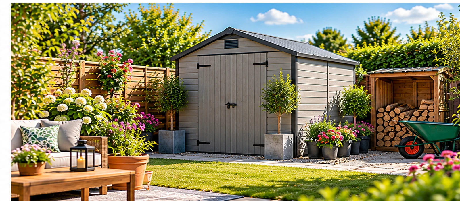Modern grey garden shed surrounded by lawn, flower beds and outdoor storage